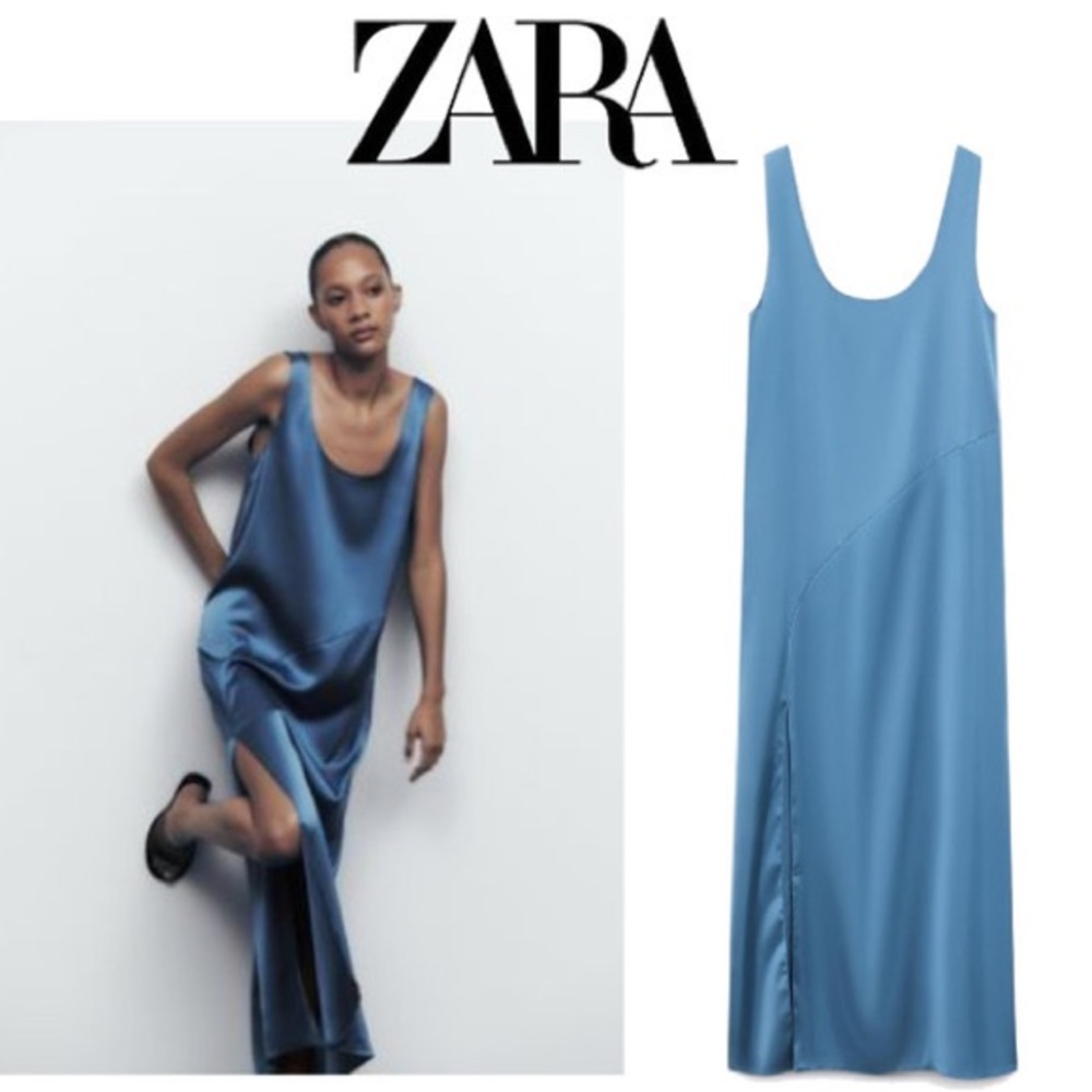 NEW Zara Long satin effect maxi dress faded blue Small